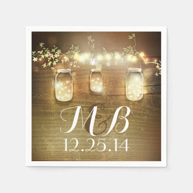 Guardanapo De Papel String Lights Mason Jars Rustic Barn Weding (Frente)