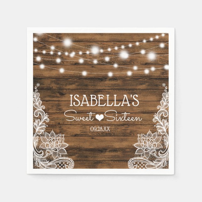 Guardanapo De Papel String Lights Wood e Lace Sweet XVI (Frente)