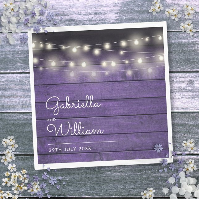 Guardanapo De Papel String Luz Rústica Roxa Escrita Elegante (String Lights Rustic Purple Wood Elegant Script Napkins)