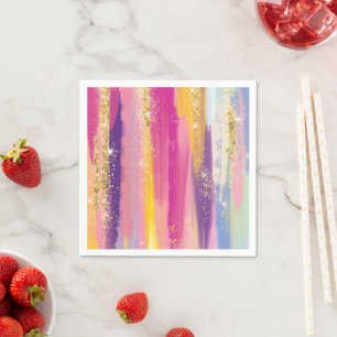Guardanapo De Papel Strips Coloridas do Arco-íris com Brilho Dourado F
