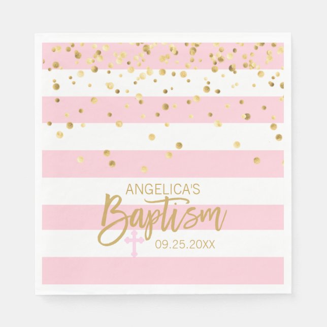Guardanapo De Papel Strips Pastel PINK Dourada GIRL BAPTISM Lunchee (Frente)