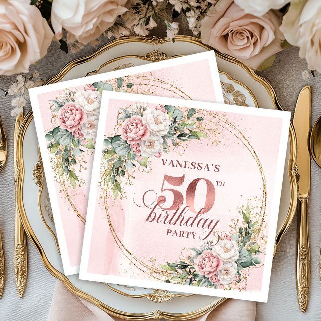 Guardanapo De Papel Stylish Rose Gold Dusty Pink 50th Birthday Party  (Lovely Rose Gold Blush Floral 50th Birthday Dinner Napkins

)