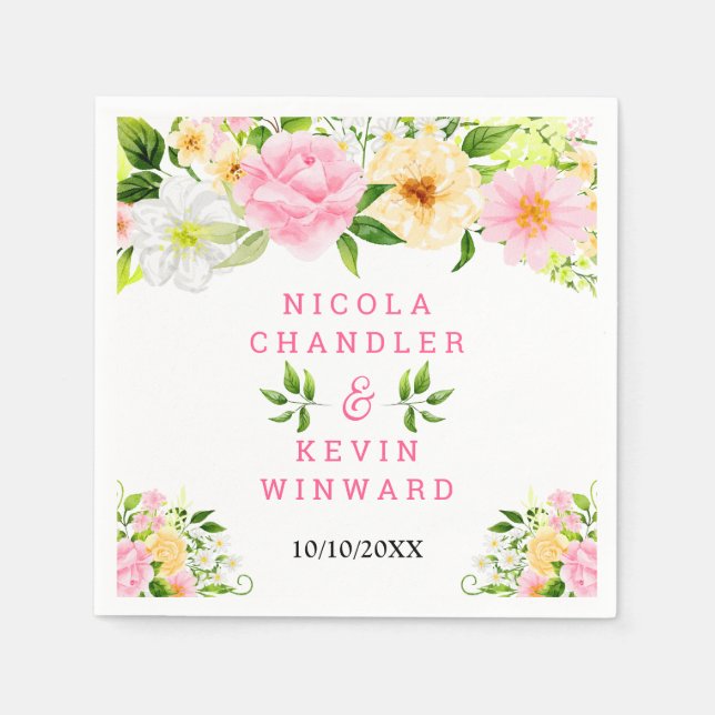 Guardanapo De Papel Summer Pink and Yellow Flowers and Foliage (Frente)