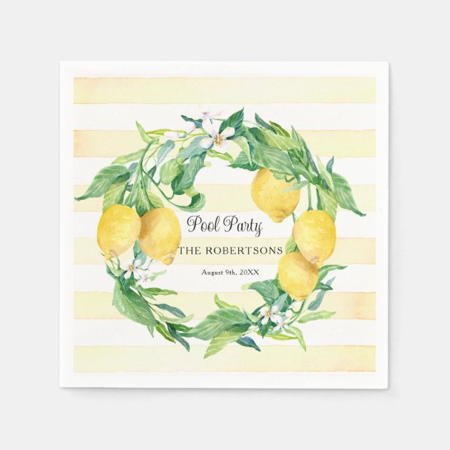 Guardanapo De Papel Summer Pool Party Citrus Lemon Wreath Blossom Leaf (Frente)