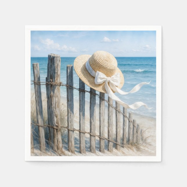 Guardanapo De Papel Summer Straw Hat On Beach Fence (Frente)