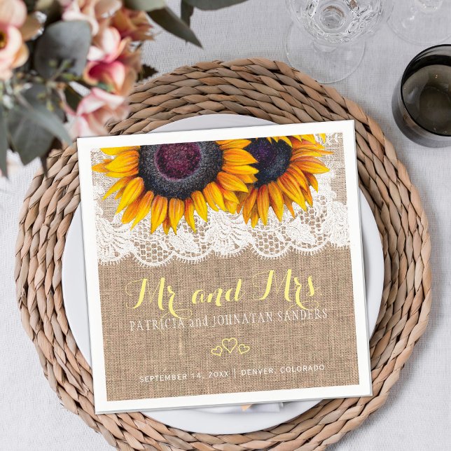 Guardanapo De Papel Sunflower burlap lace mr e mrs rush casamento (Criador carregado)