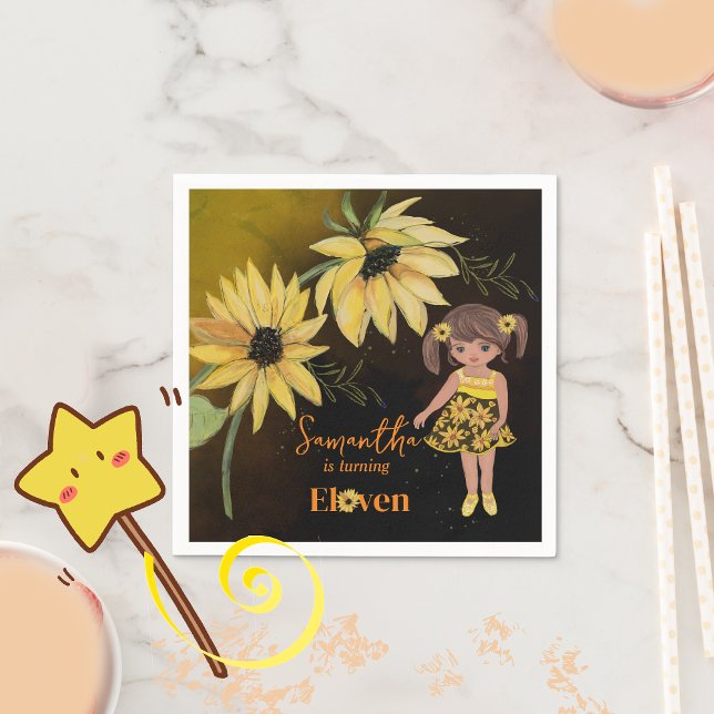 Guardanapo De Papel Sunflower Watercolor Quinta Rapariga Negra Anivers (Sunflower Watercolor Fifth Girl Black Birthday Napkins)