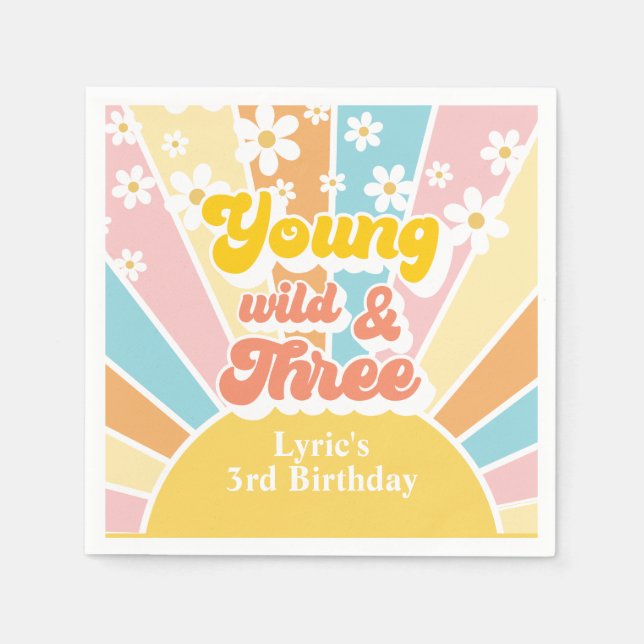 Guardanapo De Papel Sunshine Retro Daisy aniversário de 3 anos (Frente)