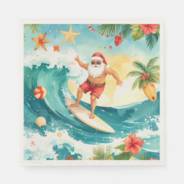 Guardanapo De Papel Surfing Christmas in Hawaii with Santa Claus  (Frente)