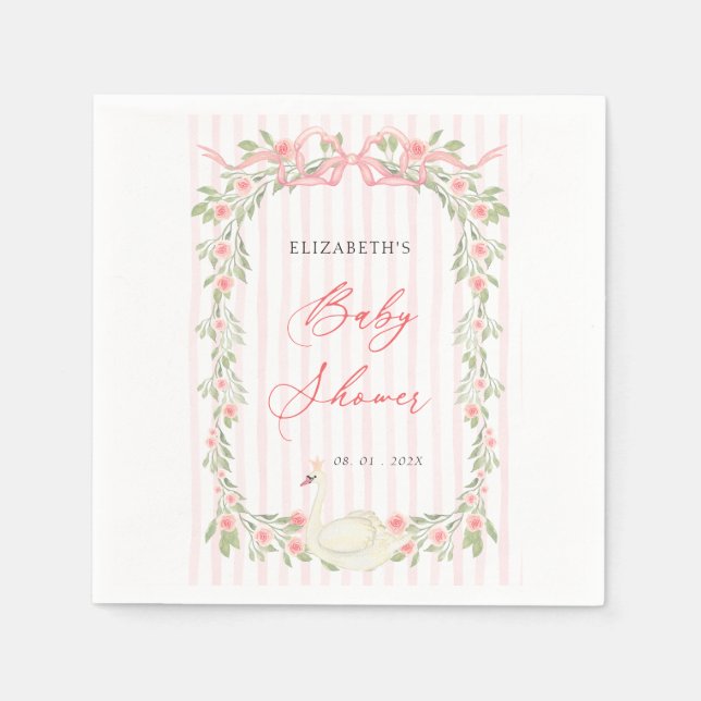 Guardanapo De Papel Swan Pink Bow Floral Baby Shower (Frente)