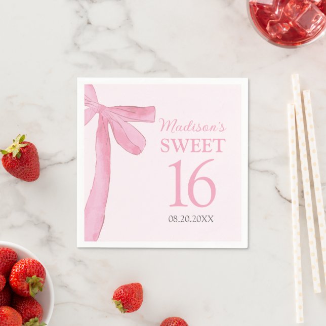 Guardanapo De Papel Sweet 16 Birthday Coquette Pink Bow Personalized  (Insitu)