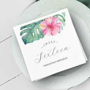 Guardanapo De Papel Sweet 16 Tropical Theme Birthday Watercolor