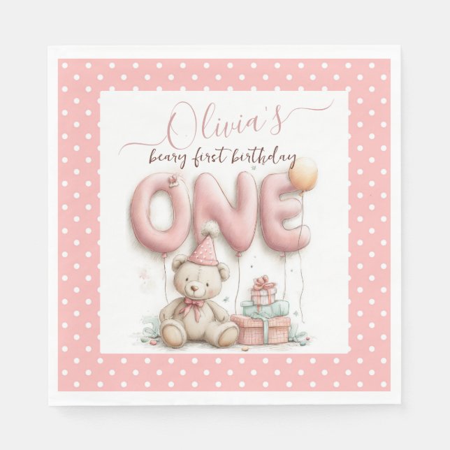 Guardanapo De Papel Sweet First Birthday with Teddy Bear  (Frente)
