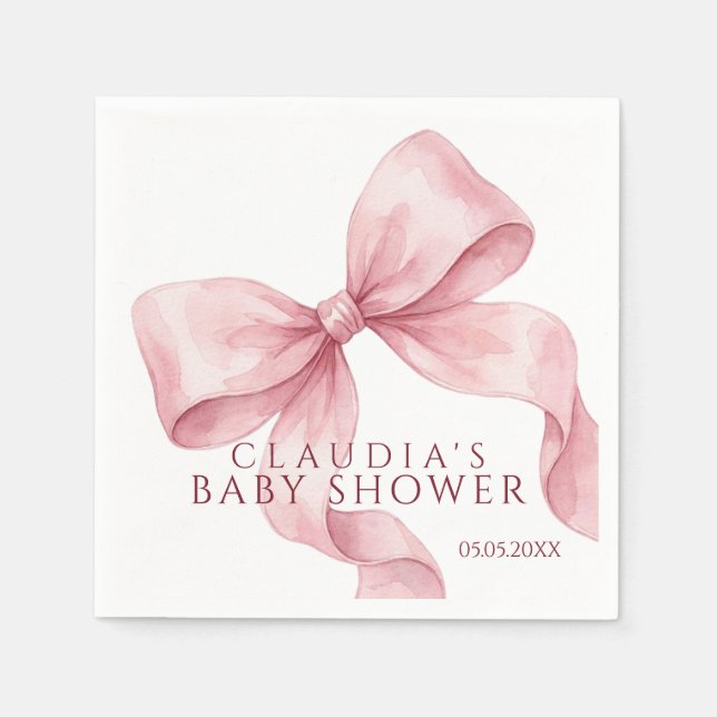 Guardanapo De Papel Sweet Pink Watercolor Bow Baby Shower  (Frente)