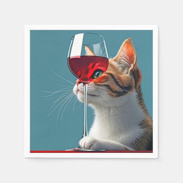 Guardanapo De Papel Tabby Cat com Vidro de Vinho Vermelho (Frente)