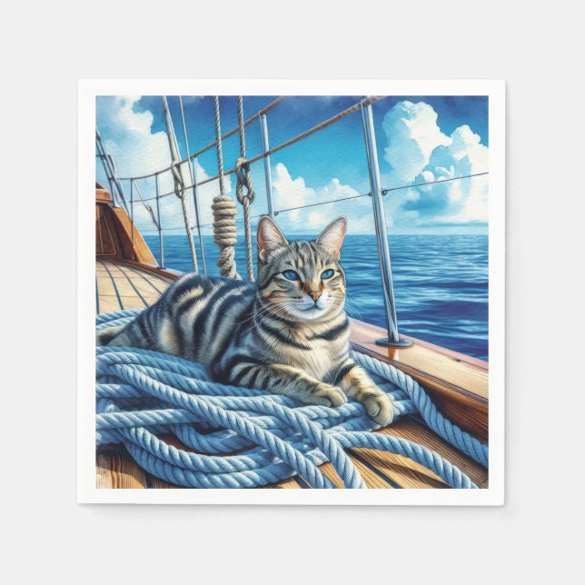 Guardanapo De Papel Tabby Cat On Boat Ropes (Frente)