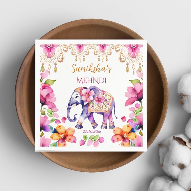 Guardanapo De Papel Tabelas de elefantes do ornamentado de casamento i (Mehndi tableware Indian wedding decorated elephant personalized plates pink flowers mehndi plates)