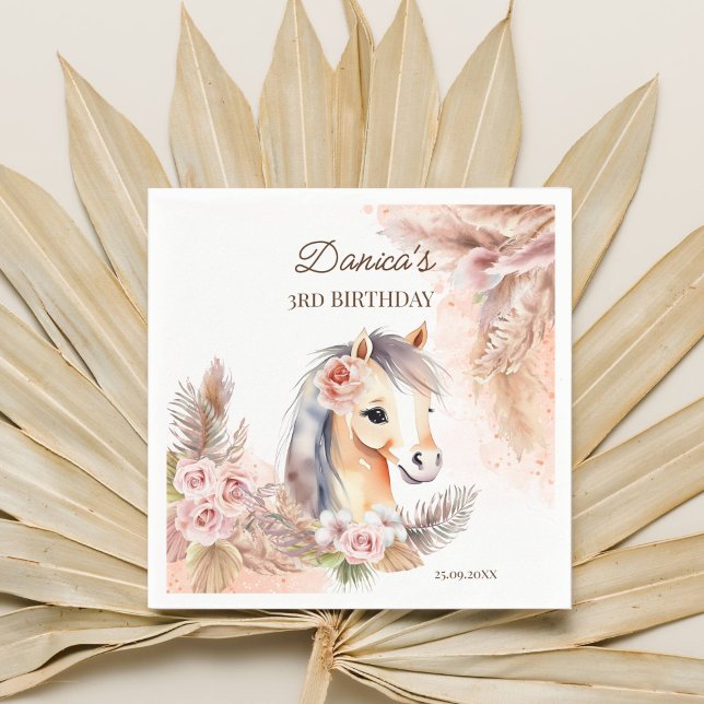 Guardanapo De Papel Tabuleiro com festa de aniversário temático de cav (Horse themed birthday party supplies tableware personalized napkins cute horse pampas grass blush)