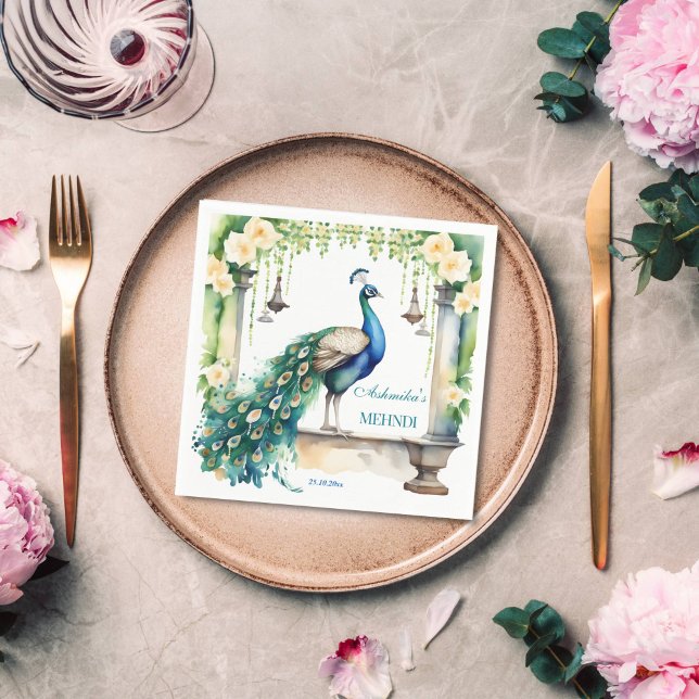 Guardanapo De Papel Tabuleiro de casamento da Índia de Peacock Mehndi  (Peacock and jasmine mehndi tableware personalized napkins Indian wedding custom napkins henna napkin)