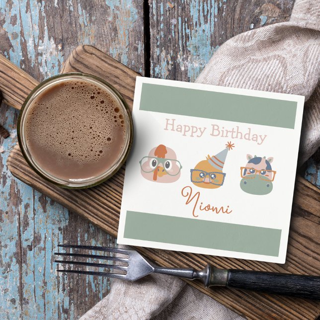 Guardanapo De Papel Tabuleiro de Festas de aniversário de animais de f (Farm Animal Birthday Napkins Turkey Chicken Cow Green Border)