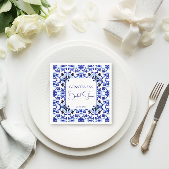 Guardanapo De Papel Talavera azulejo azulejos azuis festa de casamento (Talavera azulejo blue tiles vintage Mexican bridal shower monogram printed Napkins table decor)