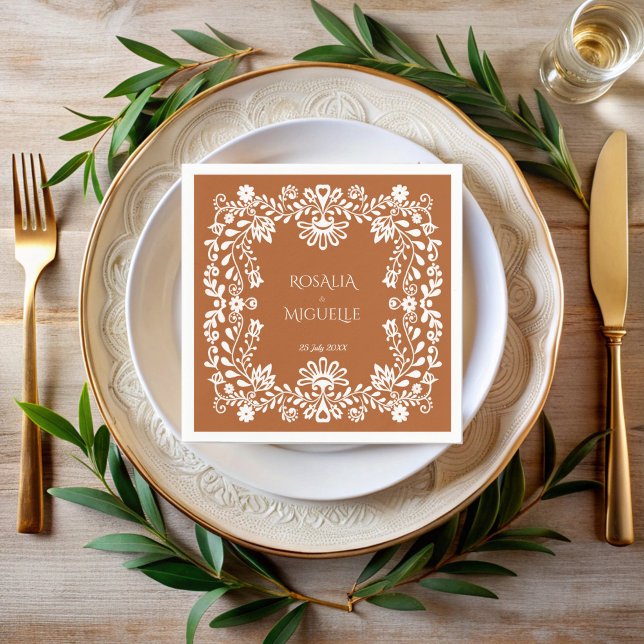 Guardanapo De Papel Talavera terracotta monograma do casamento mexican (Talavera terracotta Mexican wedding monogrammed printed Napkins personalized talavera table decor )