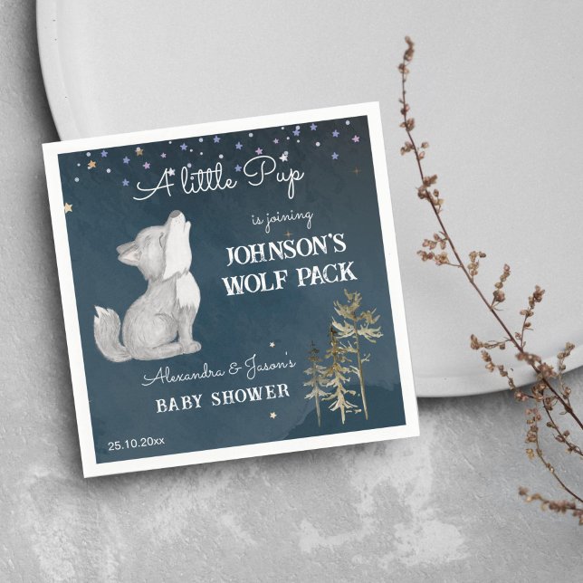 Guardanapo De Papel Tambor de chá de fraldas de lobo pequeno (Little wolf themed baby shower tableware personalized napkins cute wolf cub howling starry night)