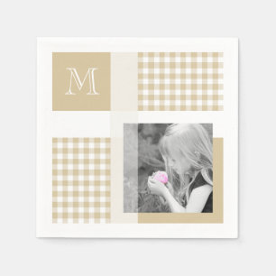 Guardanapo De Papel Tan Adiciona Sua Foto Gingham Modern Brown Monogra