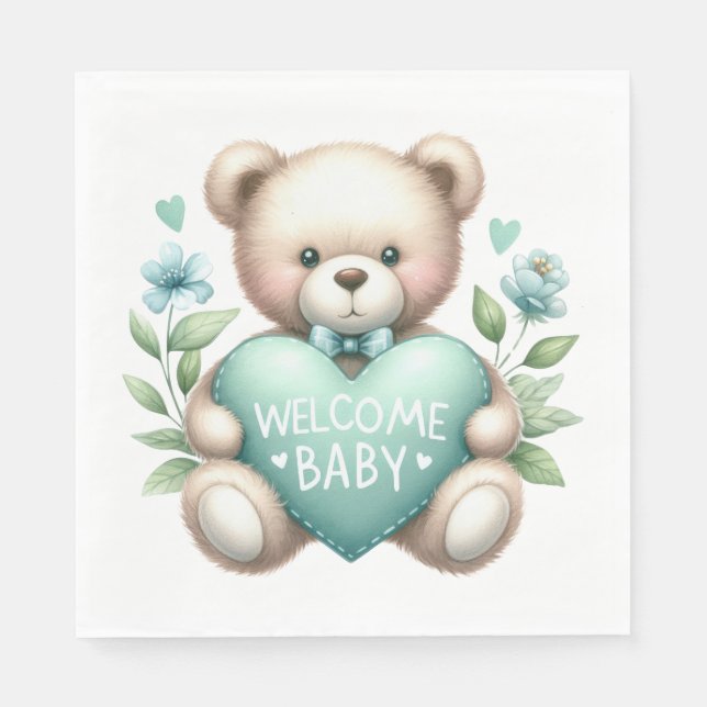 GUARDANAPO DE PAPEL TAN TEDDY BEAR COM PASTEL CORAÇÃO VERDE (Frente)
