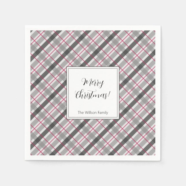 Guardanapo De Papel Tartan Balmoral Black Cinza Burgundy Monogramed (Frente)