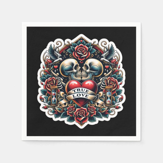 Guardanapo De Papel Tatuagem de Coração Esqueleto de Amor Verdadeiro C (Frente)