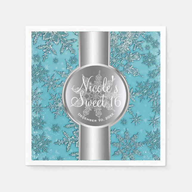 Guardanapo De Papel Teal Aqua Snowflakes, Winter Wonderland Party (Frente)
