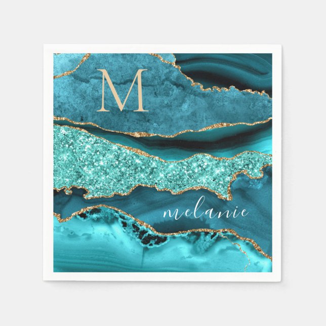 Guardanapo De Papel Teal Blue Marble - Letra Personalizada Napkins (Frente)