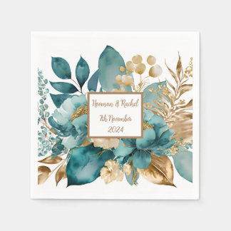 Guardanapo De Papel Teal e Dourado Casamento Floral Napkins