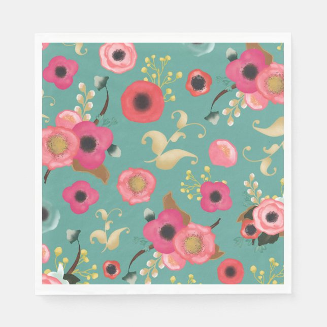 Guardanapo De Papel Teal Pink Modern Floral Party (Frente)