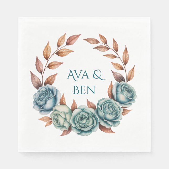 Guardanapo De Papel Teal Roses and Copper Leaves Wedding (Frente)