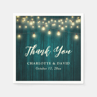 Guardanapo De Papel Teal Rustic Country Wood Lights Obrigado Casamento