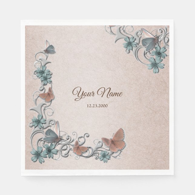 Guardanapo De Papel Teal Silver Floral Copper Butterfly Tan Wedding (Frente)