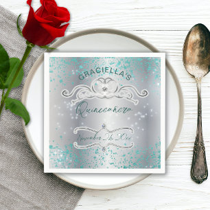 Guardanapo De Papel Teal Silver Jeweled Tiara Quinceañera