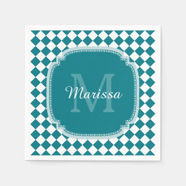 Guardanapo De Papel Teal Trendy e Branco Checados Nome Monograma (Frente)
