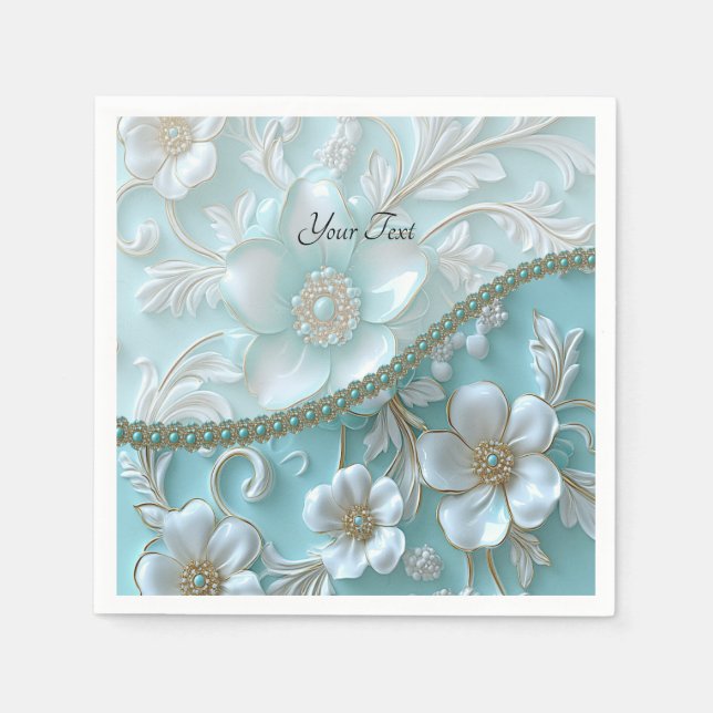 Guardanapo De Papel Teal White Floral Napkins (Frente)