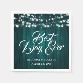 Guardanapo De Papel Teal Wood String Lights Rustic Wedding