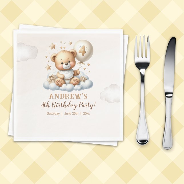 Guardanapo De Papel Teddy Bear 4th Birthday Party Napkins (Criador carregado)