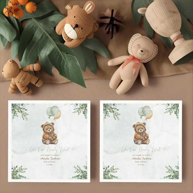 Guardanapo De Papel Teddy Bear Brown Sage Green Balloons Baby (Criador carregado)