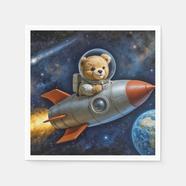 Guardanapo De Papel Teddy Bear Flying In a Rocket Ship (Frente)
