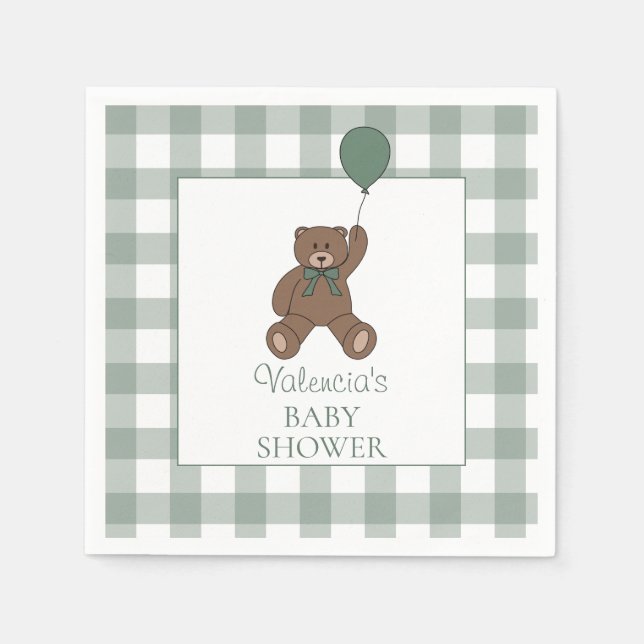 Guardanapo De Papel Teddy Bear Sage Green Baby Shower (Frente)