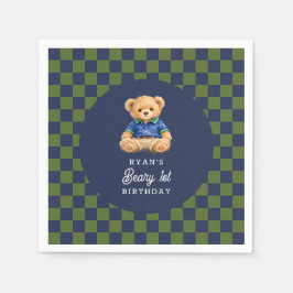 Guardanapo De Papel Teddy Beary 1st Birthday Checkboard Paper Napkin