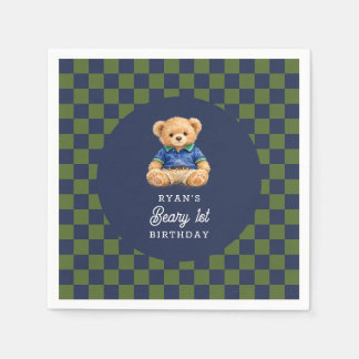 Guardanapo De Papel Teddy Beary 1st Birthday Checkboard Paper Napkin