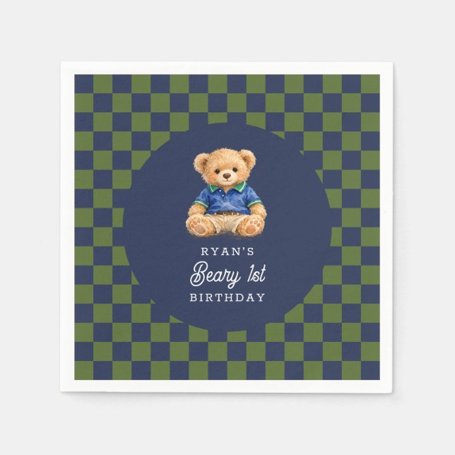 Guardanapo De Papel Teddy Beary 1st Birthday Checkboard Paper Napkin (Frente)
