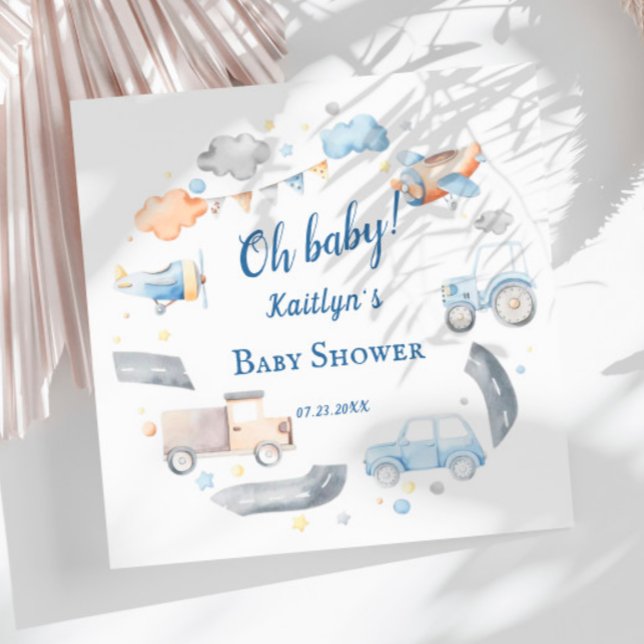 Guardanapo De Papel Tema de Chuvinha de Bebê Transporte em Aquarela (Criador carregado)